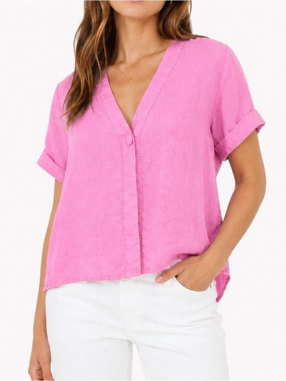 PQ 100% Linen Pink Button Front Short Sleeve Blouse Top Coverup Womens XS/S